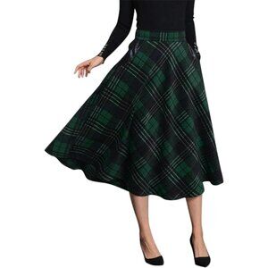 Womens Mid-calf Green Elastic Waist A-Line Pleated Tartan Long Plaid Wool Skirt